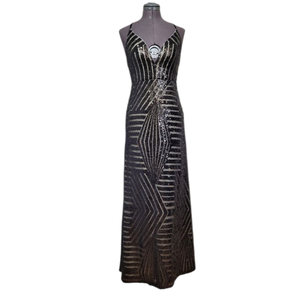 NWT JJs House Maxi Formal Gown Dress Black Chapangne Gold Geometric Sequin